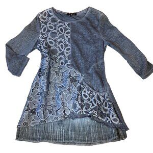 Papa Vancouver BOHO Mixed Media Lace Lagenlook Layered Tunic Top S Blue #276D